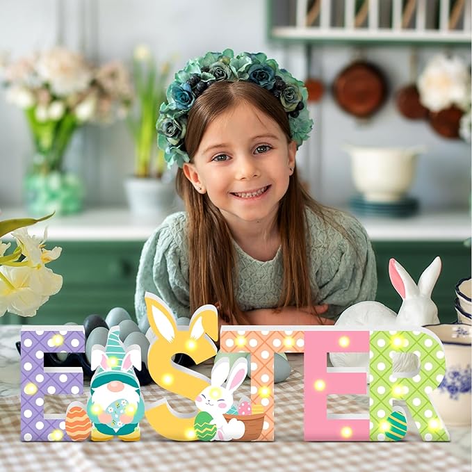Menkxi Easter Wooden Decoration "EASTER" Letter Table Decor LED Light up Wooden Sign with Bunny and Gnome Tiered Tray Decor for Home Spring Party Room Desk Decoration