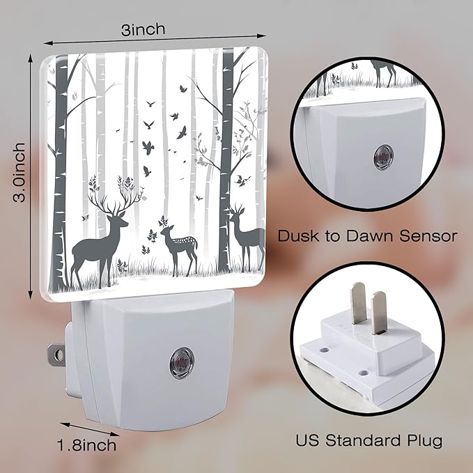 Deer in The Forest Night Light for Kids, Dusk-to-Dawn Auto Sensor Plug in Night Light, 0.5W Energy Saving Non-Toxic Design for Bedroom/Bathroom, Ideal Gifts for Women, Men & Kids