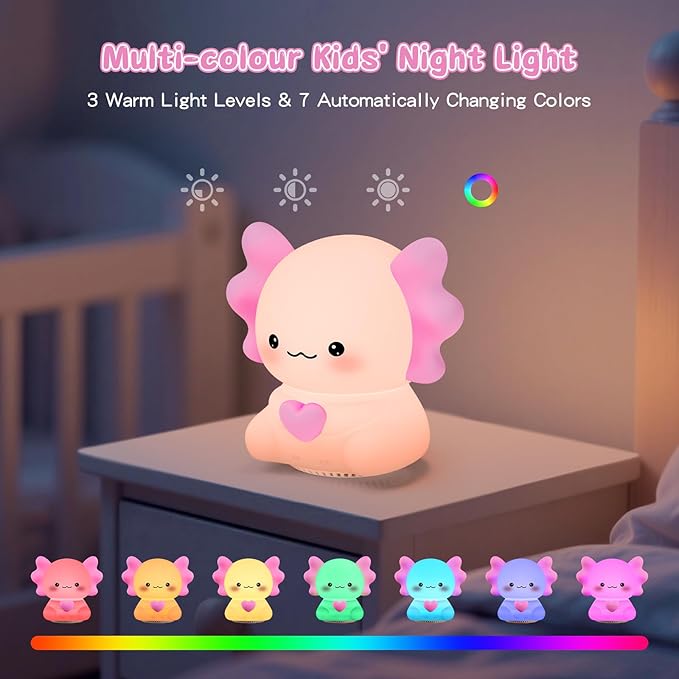 Axolotl Night Light with Sound Machine, Pink Silicone Touch Lamp, Wireless Speaker, Remote Control White Noise for Tinnitus Relief for Ringing Ears, Soft Touch Lamp
