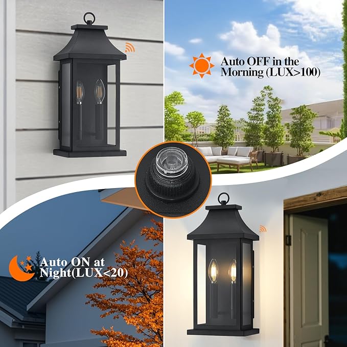 tewei 18'' Dusk to Dawn Outdoor Light Fixture, Porch Light Outdoor Wall Sconce Lights, 2-Light Black Exterior Lighting Fixture Wall Mount, Outside Light for House Garage, 1-Pack