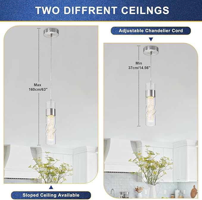 WILON Led Kitchen Island Ceiling Light, 9W Crystal Hanging Lights with Threaded Clear Glass, Adjustable Modern Pendant Light Led Kitchen Light Fixtures for Dining Room Bedroom(1 Pack)