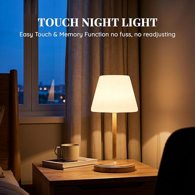 Cordless Table Lamp, Waterproof Shower Lamp, 4000mAh Rechargeable Table Lamps, 3-Color Dimmable Touch Light, Battery Operated Lamp Small Night Desk Lamp for Bathroom Kitchen Bedroom Patio (Wood Grain)