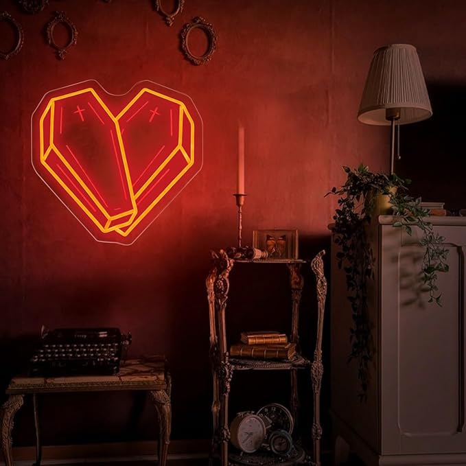 Cross Coffin Heart Neon Sign – Gothic LED LIghts Wall Decor for Bedrooms, Gallery Walls, and Dark Aesthetic Spaces – Unique Gift for Alternative & Goth Lovers – 13.5" x 13.5"