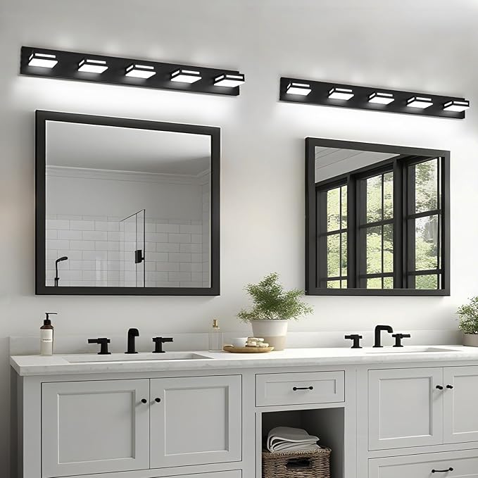 40-Inch 5-Light LED Modern Black Bathroom Vanity Light Fixtures Over Mirror, Bathroom Lighting Fixtures with Cool White 6000K, Vanity Wall Lights for Bath Restroom Powder Room