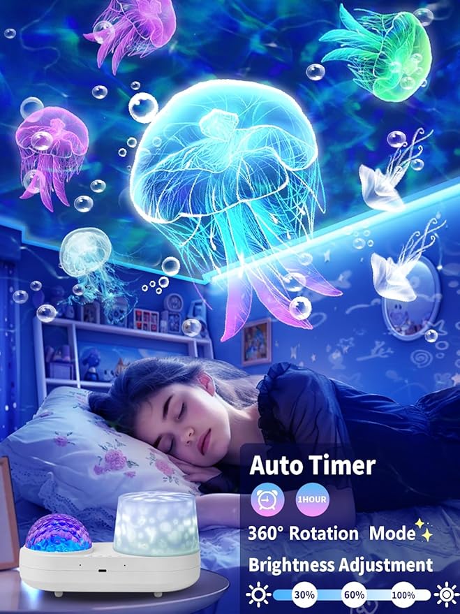 Ocean Wave Projector Night Light for Kids Bedroom - 10 Color Ocean Waves + 6 Films, 360 Rotation Timer for Kids, Baby Girls, Birthday, Christmas, Gifts, Ceiling, Room Decor