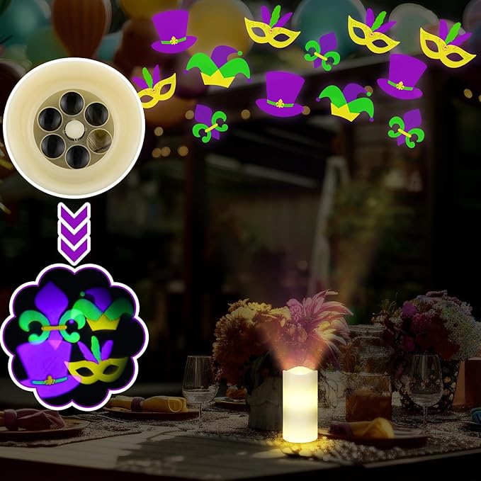 Baquler Mardi Gras Projector Light Decor Mardi Gras Flameless Candles Battery Operated LED Candle Table Decoration for Indoor Window Night Light with Remote Timer Carnival Party Home Prom Room Decor