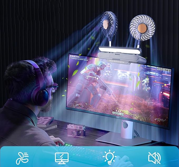 Reading stand lamp 3-Level Dimmable Clip-On desktop lights with Dual Gooseneck Fans, 360° Air Circulation Screen-Mounted Cooling Light for Office/Gaming Setup (Deepsea Blue)