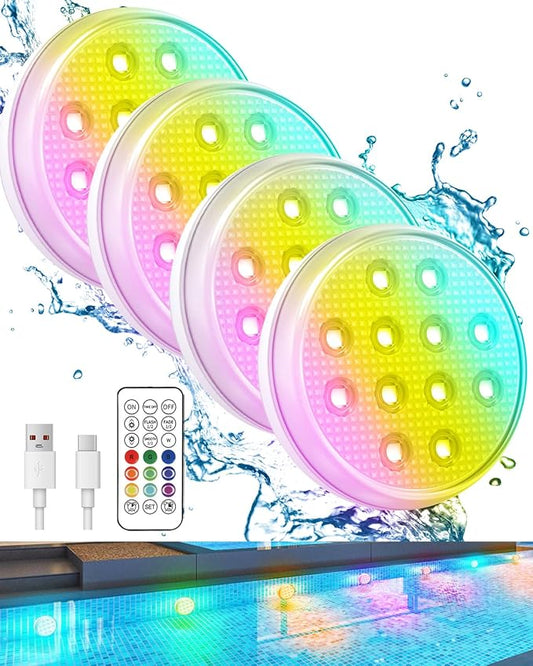 Pool Lights, Rechargeable Submersible LED Lights with Remote, IP68 Waterproof 16 Color Changing Floating Lights, Built-in Magnet Underwater Lights for Fountain, Pond, Aquarium(4 Pack)