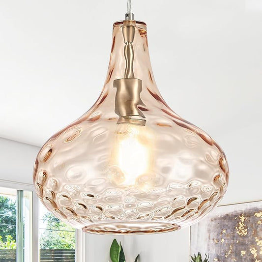 11" Amber Hammered Glass Pendant Light – Brushed Nickel Finish, Adjustable Hanging Cord, Modern Farmhouse Ceiling Light for Kitchen Island, Dining Room, Hallway