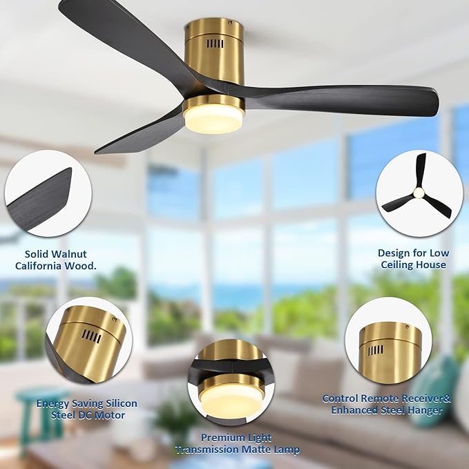 Sofucor Low Profile Ceiling Fan with Lights and Remote Control, 52" Wood Ceiling Fan with 3 Color Temperature & Adjustable Brightness, Black Wood