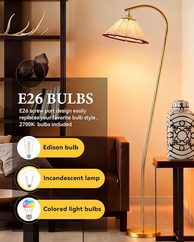 Floor Lamp with Pleated Linen Lampshade, Modern Flower Floor Lamp for Living Room Arc Standing Lamp, Gold Tall Lamp for Bedroom Office Dining Room, Bulb Included (Gold + Red, 65IN)