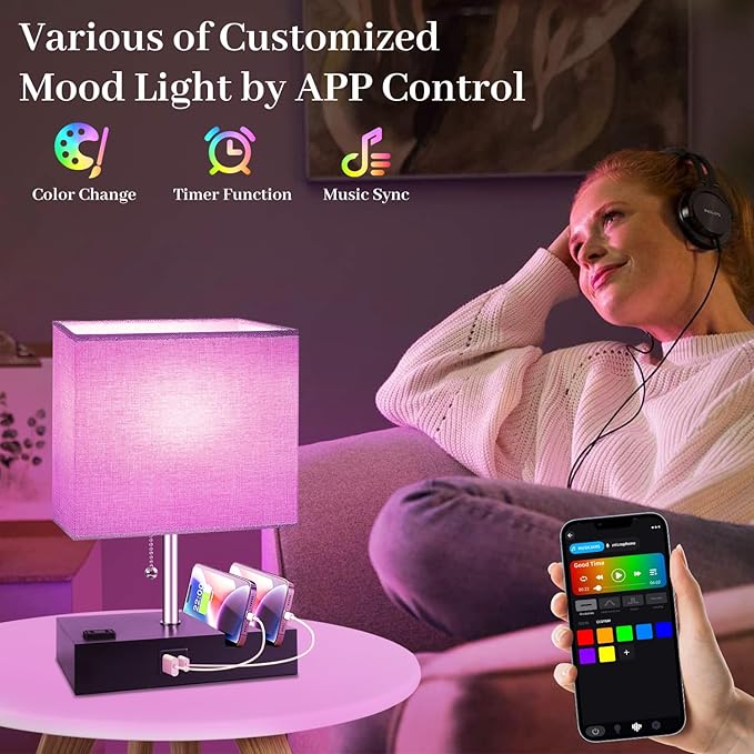 Smart RGB Dimmable Table Lamp Work with Alexa&APP&Remote Control, Bedside Desk Lamp with Charging Ports&Outlet&Phone Stand, Music Sync Nightstand Lamp for Bedroom Living Room Office Dorm