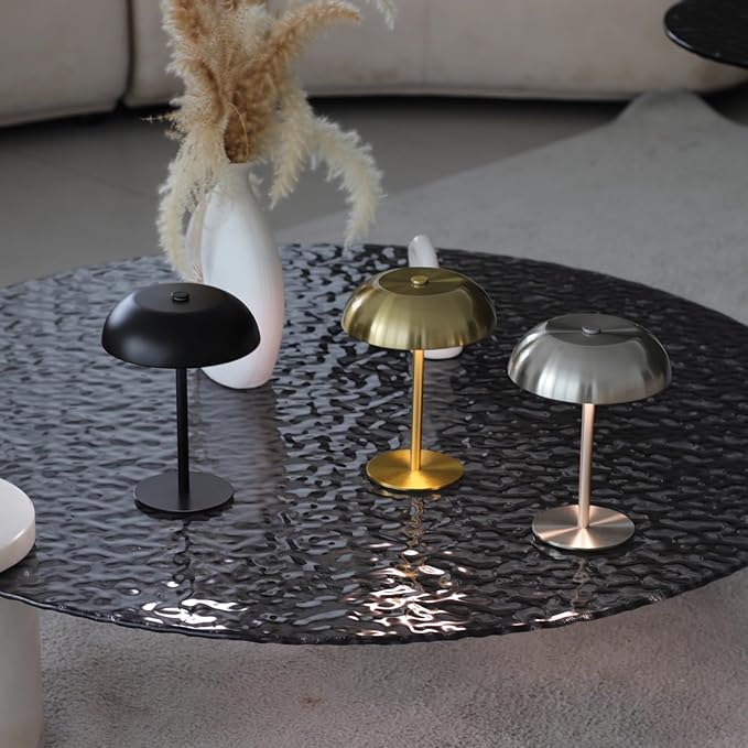 Portable LED Mushroom Table Lamp, 8.46'' Small Cordless Desk Night Light with 5200mAh Rechargeable Battery, Stepless Dimming Lamp with 3 Colors for Bedroom/Bar/Coffee Shop (Gold)