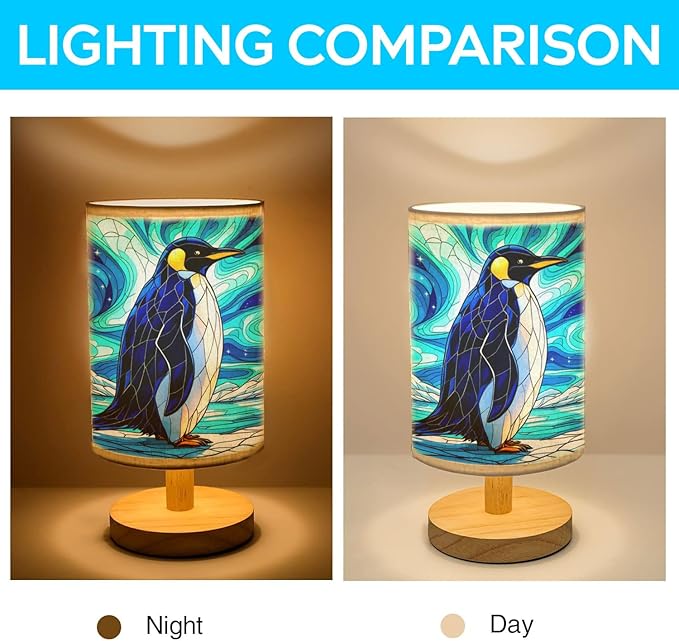 Penguin Table Lamp LED 3-Color Pressed Bedside, Penguin Shade Lamp with Wood Base for Bedroom Living Room Desk Office TL01