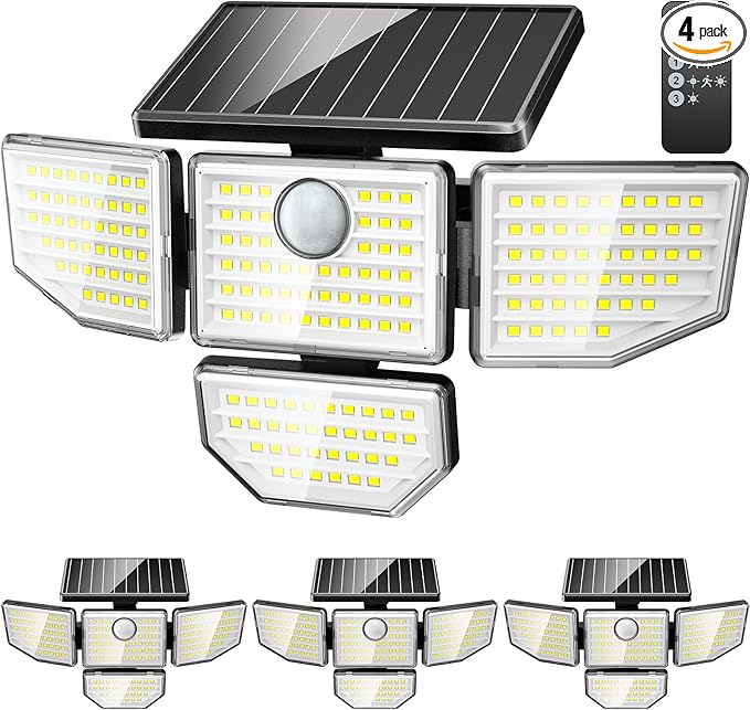 3000LM Outdoor Solar Light - Upgrade 4 Heads 188 LED Solar Motion Sensor Outdoor Lights, IP65 Waterproof Powered Light for Home Darkroom Backyard, 4 Pack