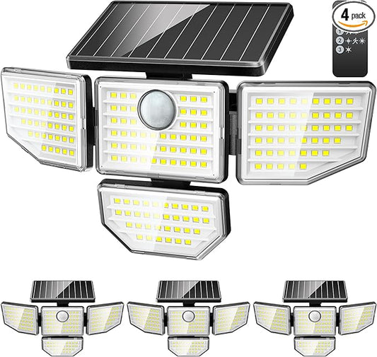 3000LM Outdoor Solar Light - Upgrade 4 Heads 188 LED Solar Motion Sensor Outdoor Lights, IP65 Waterproof Powered Light for Home Darkroom Backyard, 4 Pack
