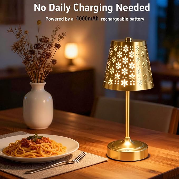 Rechargeable Cordless Table Lamp, Touch Control Battery Powered Bedside Lamp with Floral Cutout Shade, 3 Color Stepless Dimmable Decorative Nightstand Lamp for Bedroom (Gold)