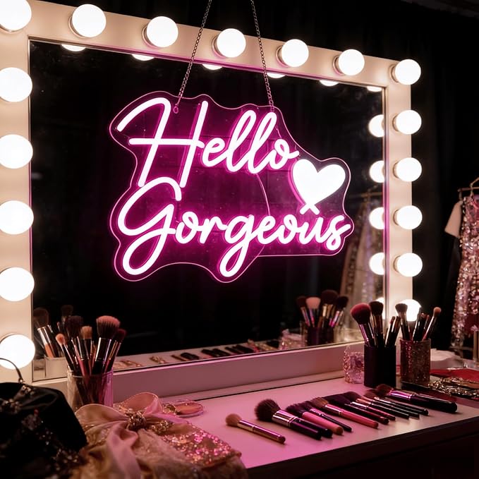 Hello Gorgeous Neon Light for Wall Decor, Pink USB Powered LED Sign with Dimmable Switch, Neon Sign for Home, Wedding, Birthday Backdrop, Party (Pink)
