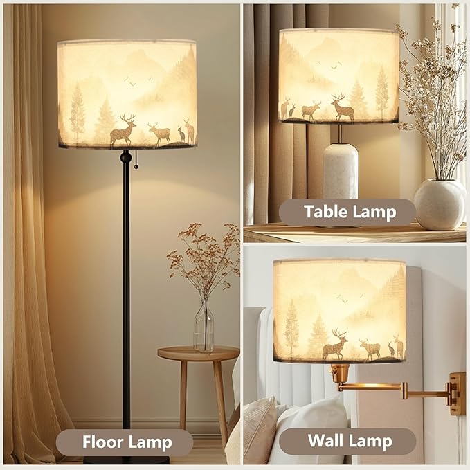 Fabric Lamp Shades Set of 2, 13x13x10in Drum Lamp Shades, HD Printing Deer and Forest Lamp Shade, Western Lampshade fit with Spider, Rustic Farmhouse Lamp Shade for Table Lamps, Floor Lamps