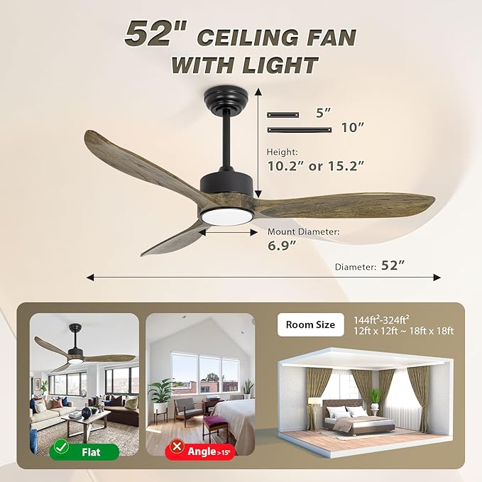 VACILL Ceiling Fans with Lights and Remote, 52inch Amber Wood Fan, 6 Speeds Silent Reversible DC Motor,3CCT LED Dimmable Light with Memory Function Indoor Outdoor Fan Farmhouse Bedroom Living Room