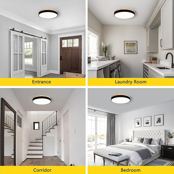 Modern Black Ceiling Light, Wood LED Close to Ceiling Lighting Fixtures, Round Flush Mount Ceiling Lamp for Kitchen Bedroom Bathroom Laundry Room Nursery Room Hallway（15.74 Inch）