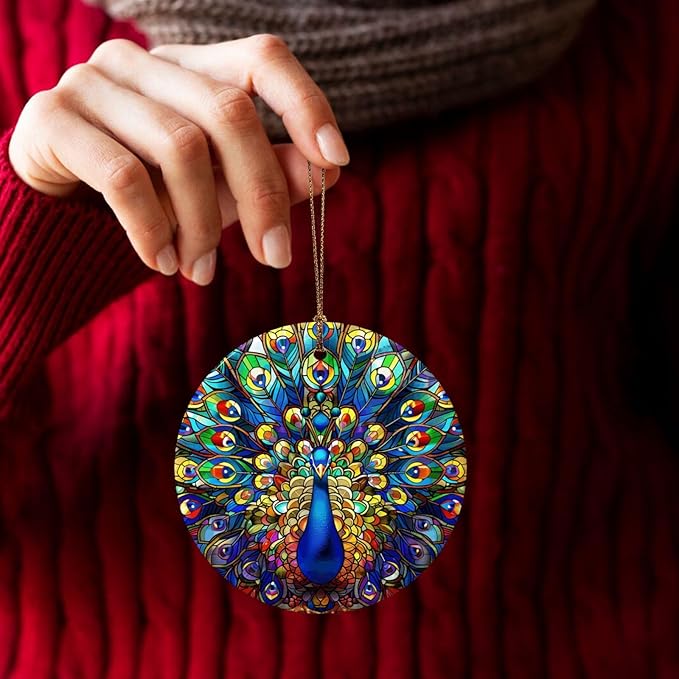 Colorful Peacock Spreading Its Tail Christmas Ornaments, Christmas Decorations Xmas Tree Hanging Ornaments, Round Ceramic Festive Keepsake Gift for Xmas Decorations Holiday Home Decor