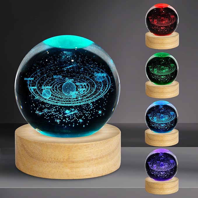 3D Solar System Crystal Ball Night Light 2.4in Galaxy Planets Glass Table Lamp Decor with 16 Colors Change Remote Control Birthday Christmas Astronomy Space Gifts for Boys Girls