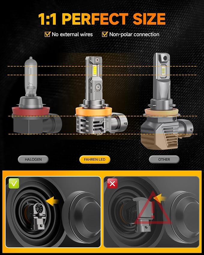 FAHREN Upgraded H11/H9/H8 9005/HB3 light Bulbs combo, 𝟏𝟐𝟎,𝟎𝟎𝟎𝐋𝐌 𝟏𝟐𝟎𝟎% Brighter 6500K with Cooling Fan H11 9005 Bulbs, 1.1 Mini Size H9 HB3 Lights Kit, CANBUS Ready Plug And Play, Pack Of 4