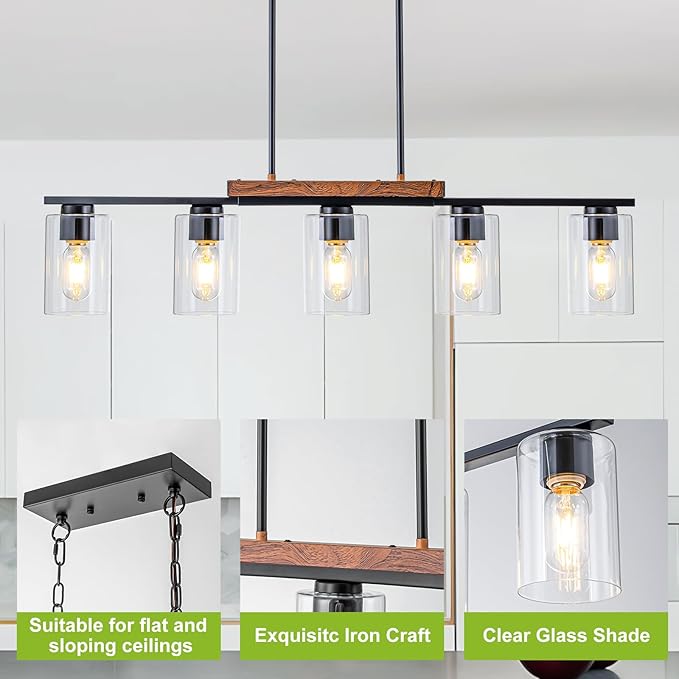 WILON Kitchen Island Lighting, 5 Lights Black Linear Chandeliers Modern Farmhouse Chandelier with Glass Shades for Kitchen Island Living Dining Room Foyer Bedroom(Black,5 Lights)