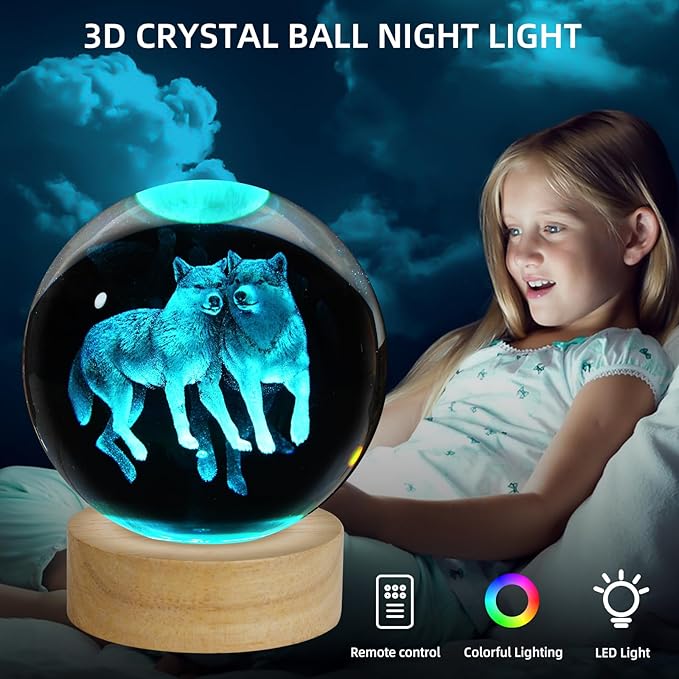 3D Wolf Crystal Ball Night Light - 3.15 Inch Glass Lamp With 16 Color LED Wooden Base, Statue Decor for Birthday, Holiday, Christmas Gifts