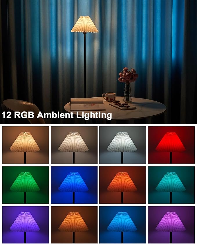 UMEXUS Cordless Floor Lamp for Bedroom, Rechargeable Battery Operated with Remote & Timer, Dimmable RGB, Pleated Standing Light Small Corner Pole Lamps for Living Room Bedside Outdoor Patio Home Decor