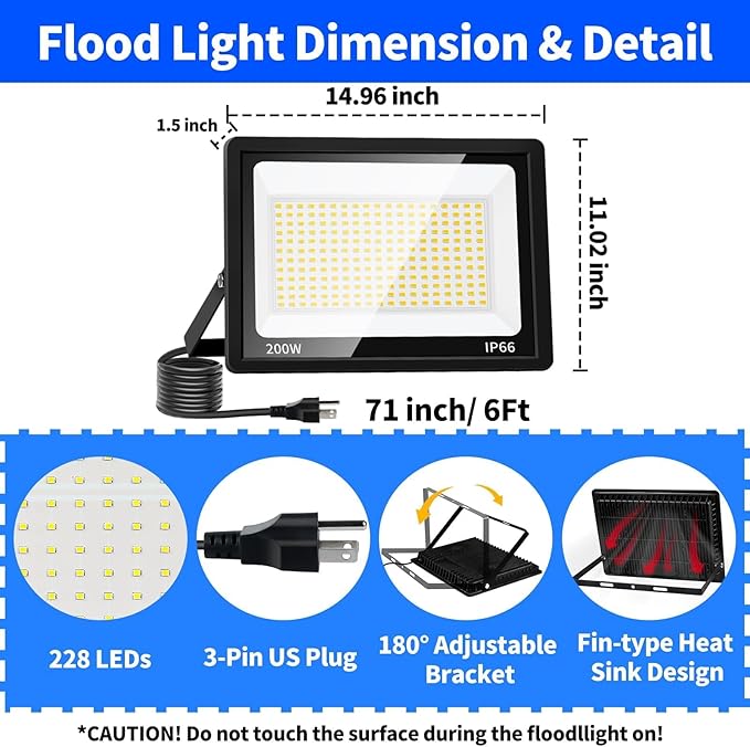 200W Flood Lights Outdoor, 24000lm Bright Security Light with Plug & 6ft Cord, 5000K Daylight White Exterior LED Floodlight, IP66 Waterproof LED Work Light Yard Lights for Garage Stadium 2 Pack
