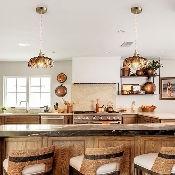 Pendant Lights Kitchen Island: Amber Glass Hanging Light Fixture with Rotating Switch, E26 Base - Modern Lighting for Dining Room, Bedroom & Living Room