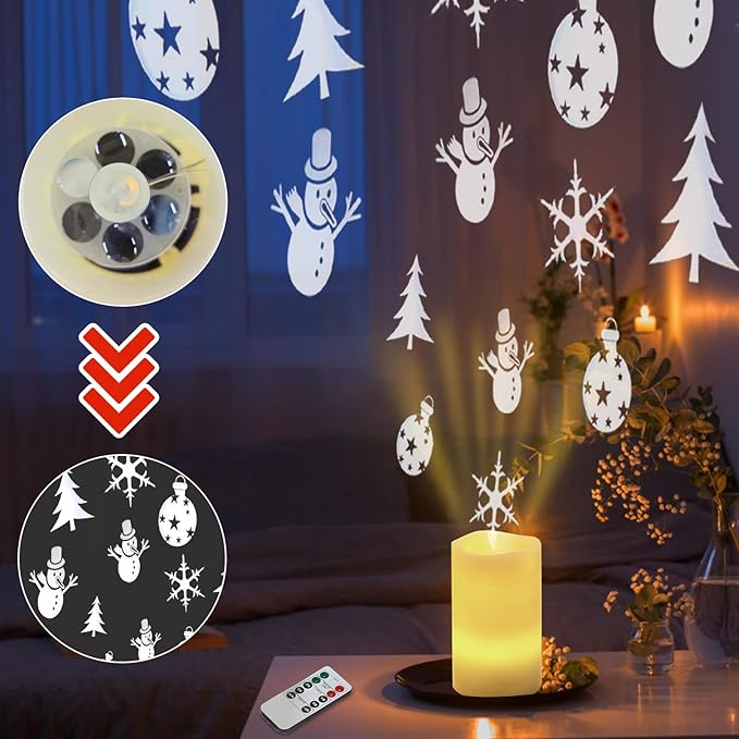 Flameless Candle Christmas Projector Light, Battery Operated Snowflake Candles Lamp with Remote and Timer, Plug-in LED Candle Lamp for Christmas Party Gift Decor (Ivory - Xmas)