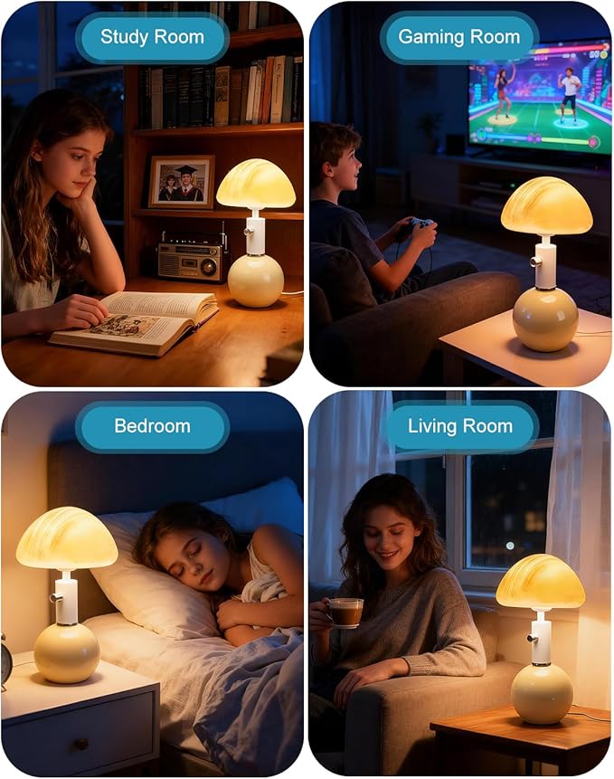 Lightdot Mid Century Modern Stepless Dimmable Table Lamp Ceramic 3000K Warmwhite Desk Lamp with Mushroom-Shaped Shade for Living Room Bedroom Bedside Nightstand Office Home Reading