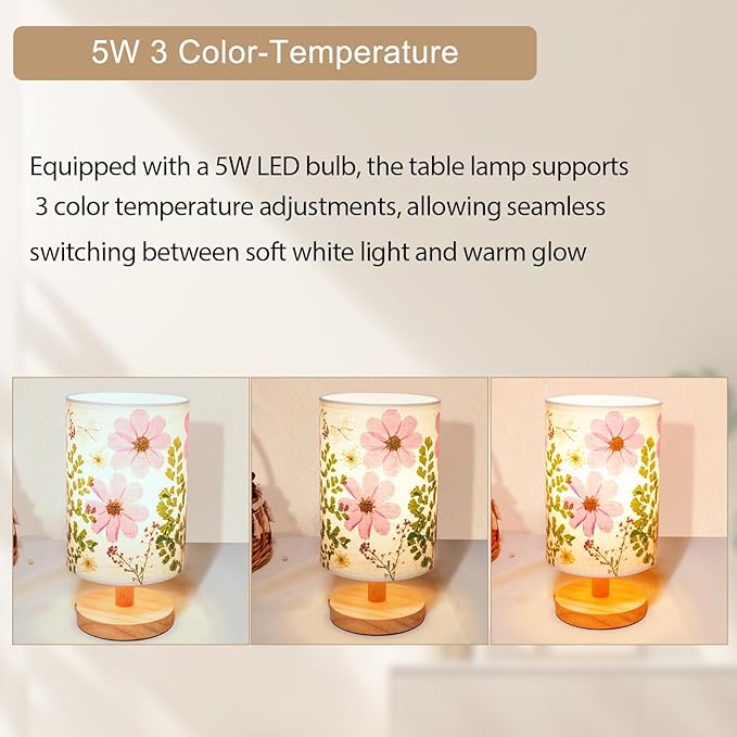 Dried Flowers Small Table Lamp 5W LED 3-Color Bedside Lamp Pressed Flowers Lampshade with Wood Base for Bedroom Living Room Desk Nursery
