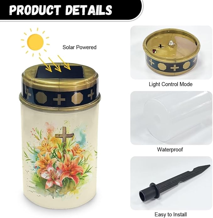 Cemetery Solar Lights Waterproof Solar Powered Grave Lights Corss Lily Landscape LED Flameless Candle Grave Decor Memorial Gift Garden Decor