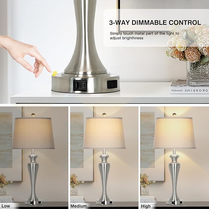 30" Silver Table Lamps Set of 2, 3-Way Dimmable Touch Living Room Lamp with USB A+C Ports and AC Outlet, Modern Brushed Nickel Bedroom Lamps, Tall Metal Bedside Lamp for Nightstand Side Table
