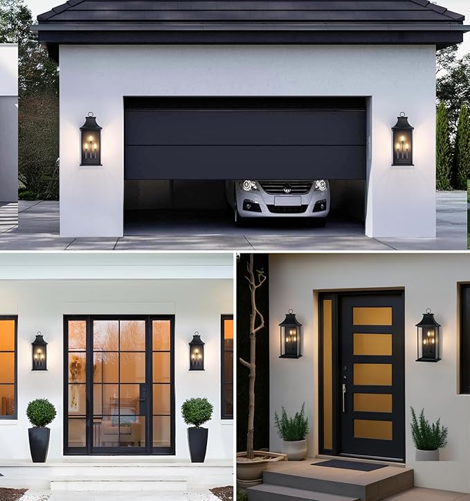 tewei 28'' Dusk to Dawn Large Outdoor Wall Light, Porch Light Outdoor Wall Sconce Lantern, 3-Light Black Exterior Lighting Fixture Wall Mount, Outside Light for House Garage, 1-Pack