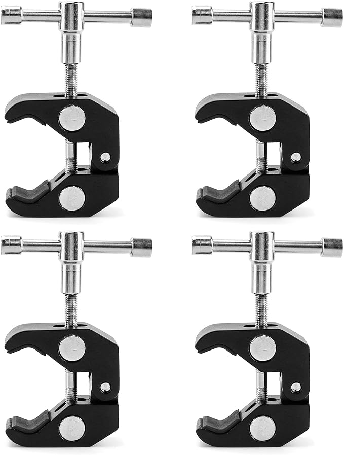 QWORK Super Clamp for Photography, 4 Pack, 1/4'' and 3/8'' Thread Clip for Camera Monitor, Light Stand, Rods, LED Lights