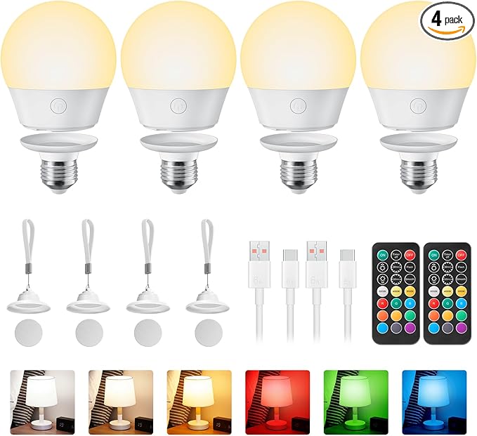 Brightown E26 Rechargeable Light Bulb with Remote and Timer, Battery Backup Bulb for Sconces and Lamps, E26 Detachable Charging for Non-Hardwired Fixture, 3 Color Temperatures + 9 RGB Colors, 4 Pack