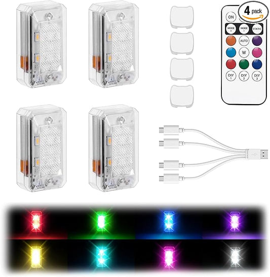 Asunder 4PCS Upgraded 500mAh Wireless LED Strobe Lights with Remote,8-Color Waterproof Rechargeable Emergency Lights with 11 High-Brightness LEDs for Cars,Motorcycles,Bikes,Drones&Aircraft