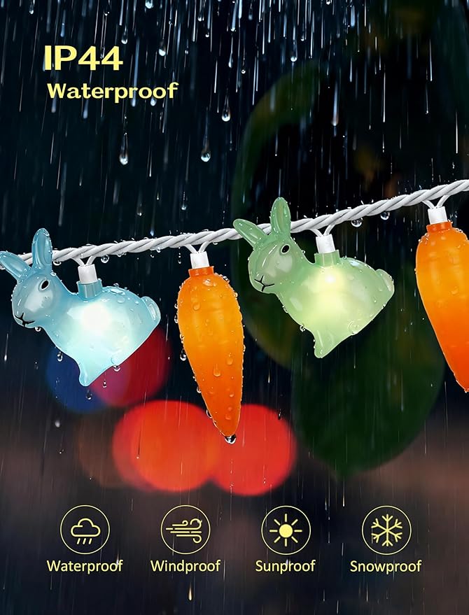 12Ft Easter String Lights Plug in - 20 LED 3D Pastel Bunny & Carrot Fairy Lights, Connectable & Waterproof Spring Decor for Indoor Outdoor Home, Mantel, Bedroom, Party, Garden (White Wire)