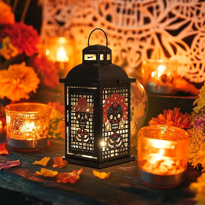 Day of The Dead Decorations, DECORKEY 13.4’’ Decorative Skull Women&Men Candle Lantern with 60" Lights(No Battery), Tabletop&Hanging Lantern for Indoor&Outdoor Yard Altar Table Party Halloween Decor