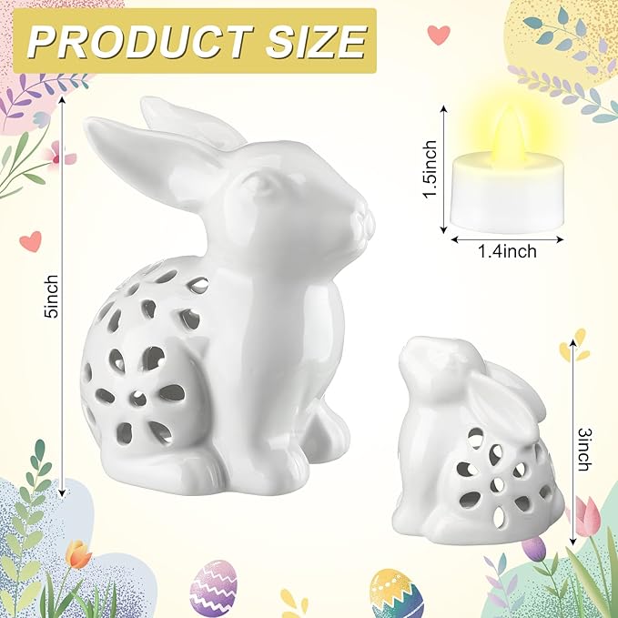 2 Pcs Easter Decorations LED Lighted Ceramic Bunny Figurines Light Up Bunny Statue with Cutouts Mother and Baby Rabbit Decor, White Easter Spring Home Decor for Tabletop Centerpiece Gifts