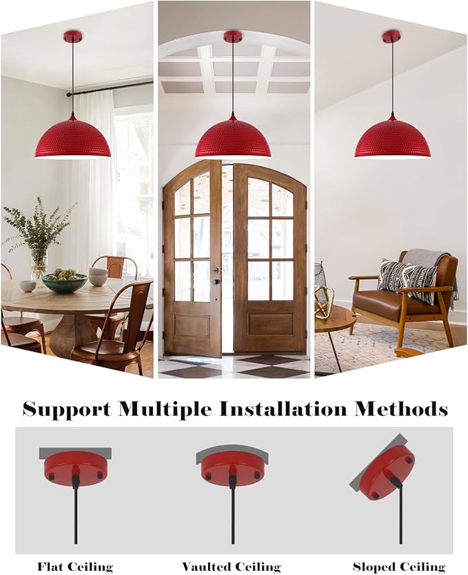16 inch Red Pendant Light 2 Pack, Hammered Large Industrial Pendant Lights Kitchen Island, Oversive Red Dome Pendant Light for Kitchen Island, Dining Room, Bar