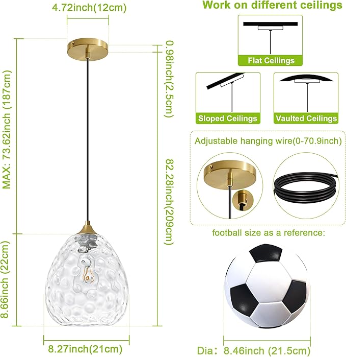 Glass Pendant Lights Kitchen Island, Brass Gold Pendant Lighting Fixtures, Modern Hanging Ceiling Light with 8.27'' Hammered Glass Shade for Farmhouse Dining Room Bedroom Hallway(1 Pack)