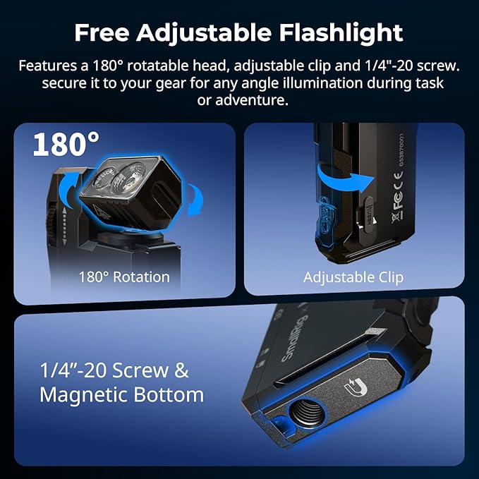 SMALLRIG Rechargeable Mini EDC Flashlight, 400 Lumens Magnetic Pocket-Sized LED Light, IP65 Waterproof, with 1/4”-20 Screw, Diffuser, Everyday Carry Flashlight for Camping, Signaling - 5710