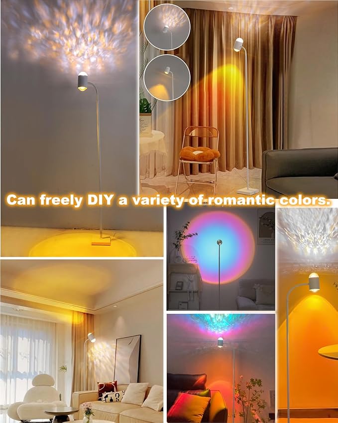 White Sunset Lamp, 360 Degree Rotation Projection Led Lights Night Light, Multicolor Colors 3D Ocean Wave Lights, Modern Floor Lamp for Living Room Bedroom Office Dining Room Ambient Lighting