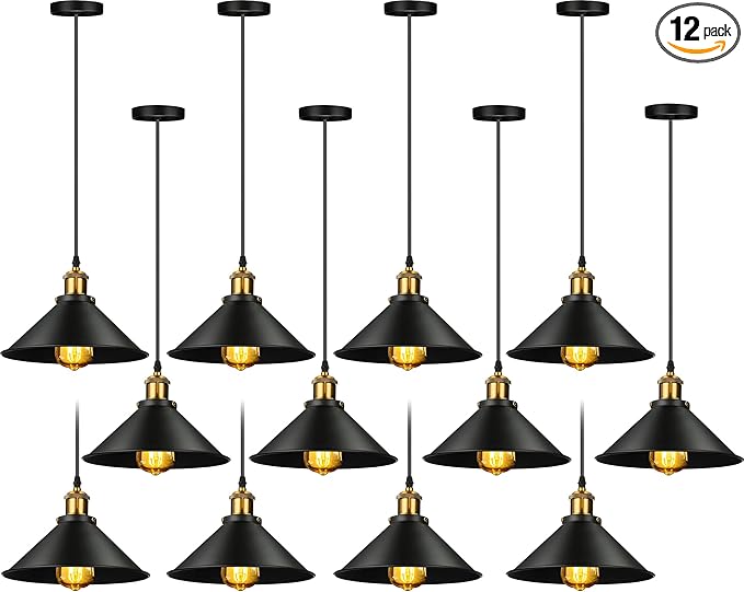Retisee 12 Pcs Industrial Pendant Light Vintage Metal E26 Base Hanging Light Rustic Dome Pendant Lamp Fixture Farmhouse Kitchen Hanging Ceiling Lamp for Dining Room Bedroom Hallway Bar(Black)